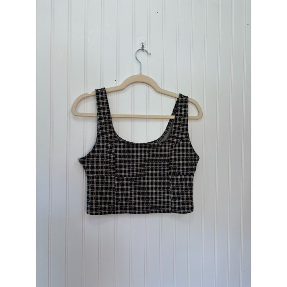 Pink Rose grunge emo Black & White Plaid Cropped Tank Top